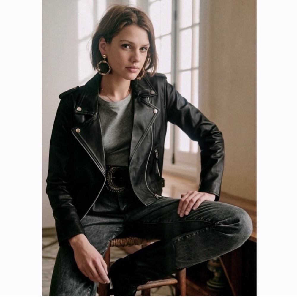 Sezane Zig Black Leather Moto Jacket NWT Size 40 US 8